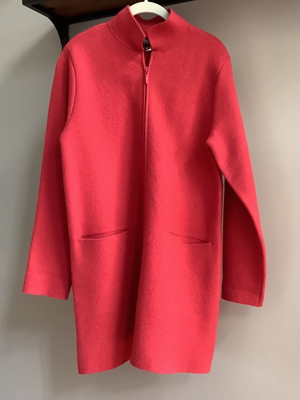 Eileen Fisher Red Boiled Wool 2-Way Zip Coat Jacket Topper XS